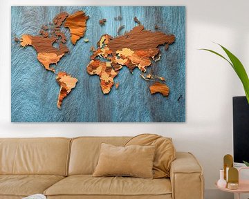 World map in shades of brown on blue