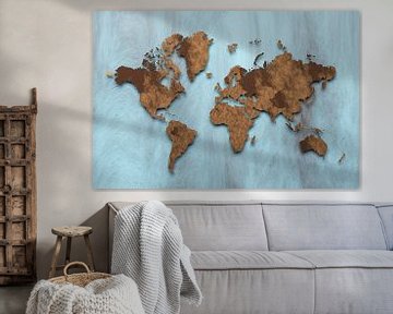 Zwevende bruine wereldkaart op blauw