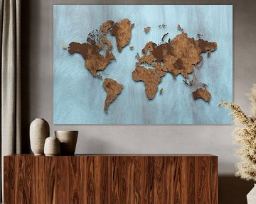 Schwebende braune Weltkarte auf blauem Grund von Arjen Roos