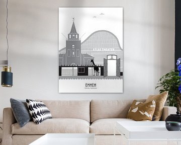 Skyline illustratie stad Emmen zwart-wit-grijs van Mevrouw Emmer
