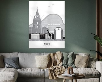 Skyline-Illustration Stadt Emmen schwarz-weiß-grau von Mevrouw Emmer