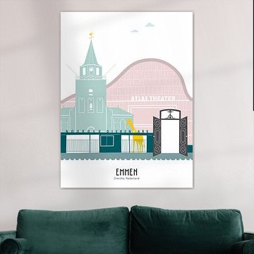 Illustration de la ligne d'horizon de la ville d'Emmen en couleur sur Mevrouw Emmer
