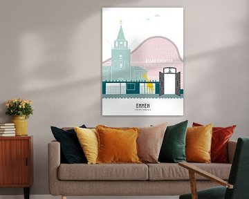 Skyline illustratie stad Emmen in kleur van Mevrouw Emmer