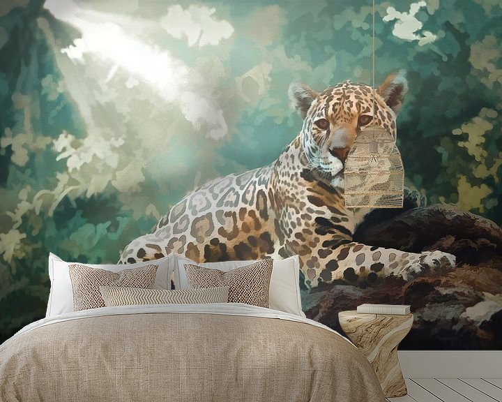 Sfeerimpressie behang: Jaguar in jungle kunst van Fotojeanique .