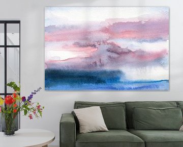 Minimalistisch aquarel zeegezicht met roze en paarse lucht van Dina Dankers