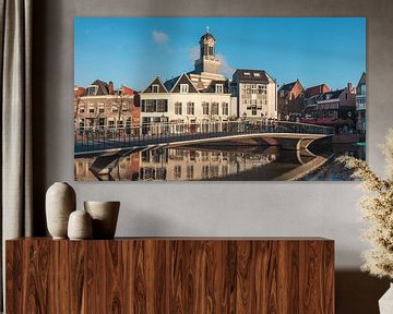 Beautiful picture of Leiden with the Hartebrug church in the background and a nice clear blue sky