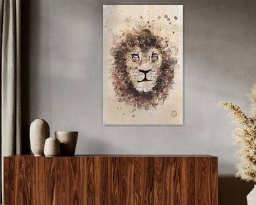 Mixed media kunstwerk van een leeuwen kop van Emiel de Lange