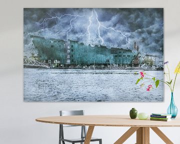 Blitzeinschlag in das NEMO Science Museum in Amsterdam (digitale Fotomontage) von Art by Jeronimo