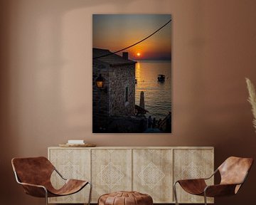 Zonsondergang in Limeni (Griekenland, Peloponnesos) van Michiel de Groot