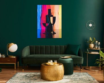 Abstracte foto met een glazen en een wijnfles voor een gekleurd achtergrond van Jolanda Aalbers