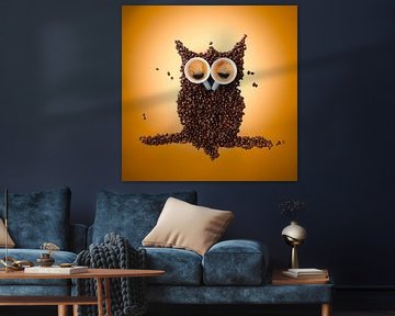 Sleepy owl made of coffee beans and cups