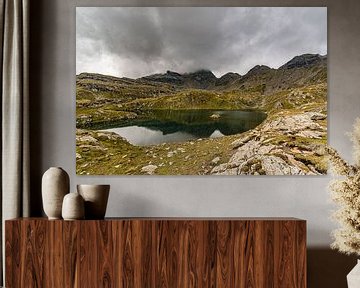 Mountain landscape: Mountain lake Neualpseen with cross on small island by Thijs van Laarhoven