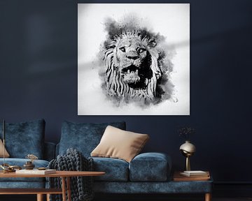 Lion Portrait Statue Chain Bridge Budapest Watercolor Black and White by Andreea Eva Herczegh