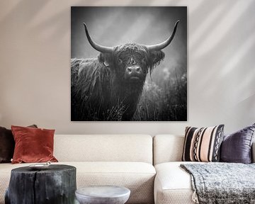 Stoer portret Schotse Hooglander koe in zwart/ wit van Capturedby_Kim