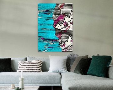 Abstracte Collage Bergen Turquoise Roze Lijn Kunst van KalliDesignShop