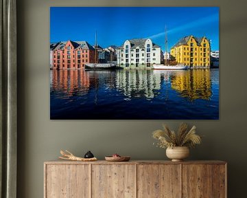 Colourful art nouveau houses by the water in alesund, Norway by Robert Ruidl