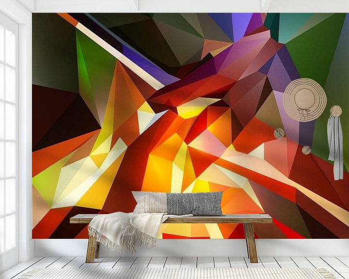 Sfeerimpressie behang: Digitaal kunstwerk " Feniks uit de as" abstract kubisme van Pat Bloom van Pat Bloom - Moderne 3D, abstracte kubistische en futurisme kunst