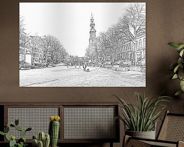 Ink drawing of winter in Amsterdam on the Prinsengracht with the Westerkerk by Eye on You