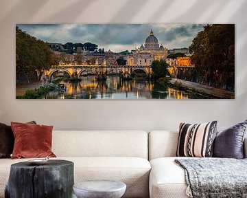 Panorama of the Angel Bridge, the Tiber and St Peter's Basilica in Rome by Anton de Zeeuw