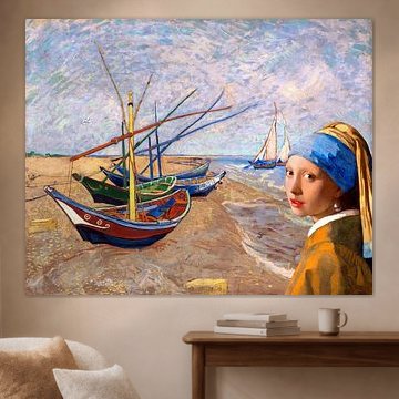 Meisje met parel bij vissersbootjes op het strand van Leo Huijzer