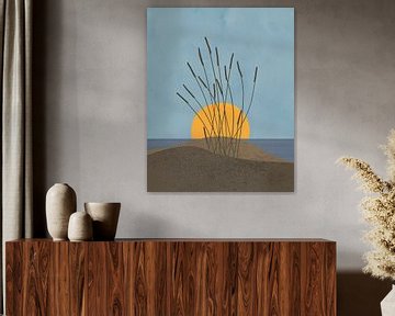 Minimalistische Illustration von Dünen und einer orangefarbenen Sonne von Tanja Udelhofen