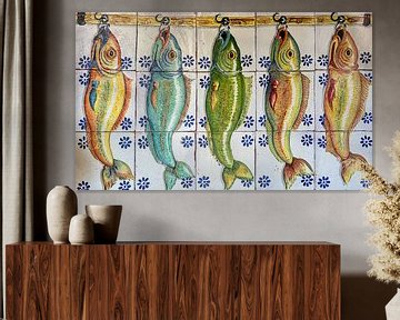 Antique tile tableau with fishes by Joost Adriaanse
