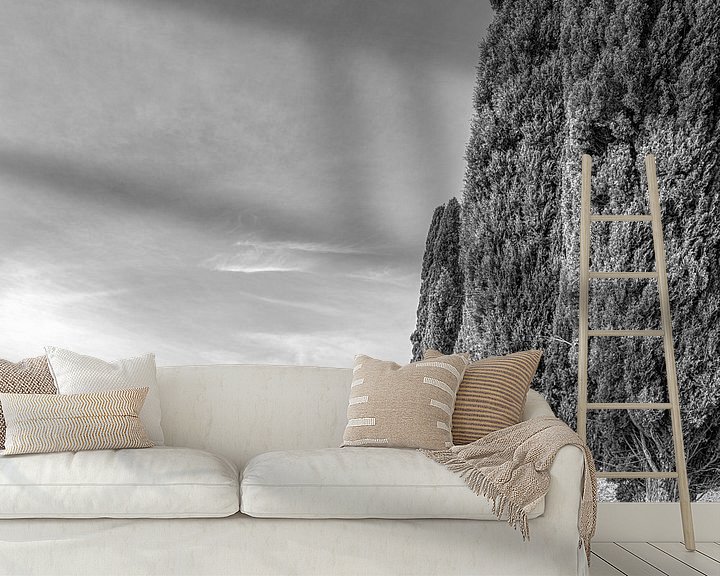 Sfeerimpressie behang: Italië in vierkant zwart wit, Lucignano d'Asso - Toscane van Teun Ruijters