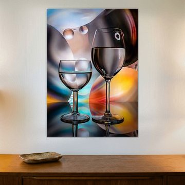 Abstrakter Teller mit Gläsern und einer Spiegelung im Wasser der Gläser