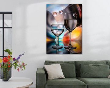 Assiette abstraite avec des verres et un reflet dans l'eau des verres sur Jolanda Aalbers