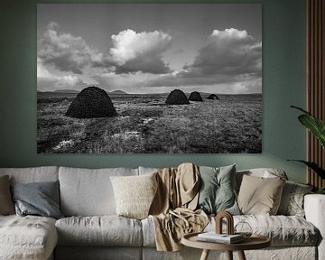 Turf stacks in the Irish countryside