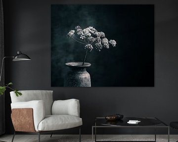 Dried hogweed in rustic vase. Executed in black and white with a blue tinge.