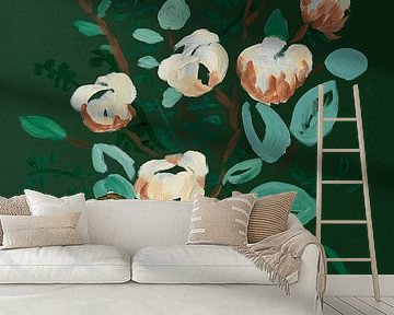 'Celadon' | Blumen | Modernes abstraktes Blumenstillleben dunkelgrün von Ceder Art