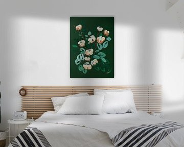 'Celadon' | Blumen | Modernes abstraktes Blumenstillleben dunkelgrün von Ceder Art