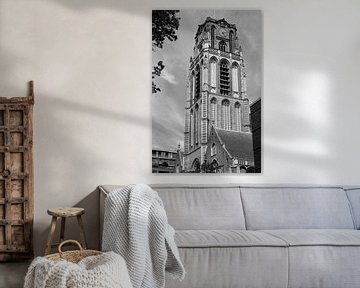 Zwart en wit foto van de oude kerk in Rotterdam