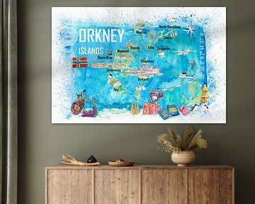 Orkney-eilanden geïllustreerde reiskaart met toeristische hoogtepunten