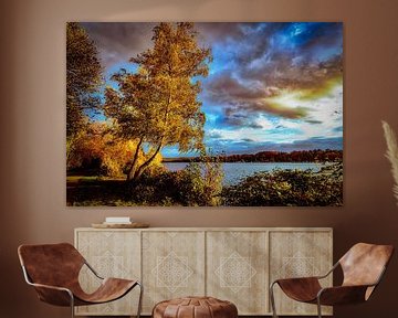 promenade at the shore of Baldeneysee with thunderclouds Ruhr area Germany by Dieter Walther