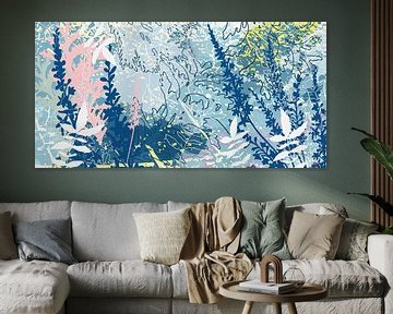 Modern Abstract Botanisch in pastel roze, blauw, geel en wit van Dina Dankers