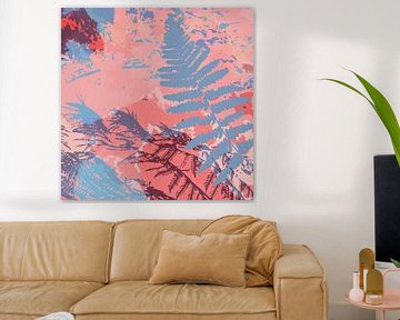 Abstract botanisch in pastelroze, rood en blauw. Varensbladeren. van Dina Dankers