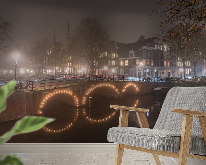Sfeerimpressie behang: Mist in donker Amsterdam - deel 1: Brouwersgracht van Jeroen de Jongh