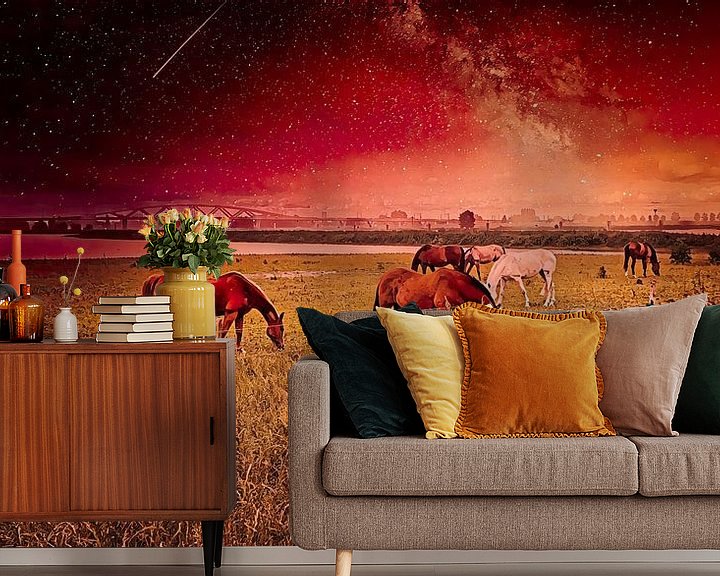 Sfeerimpressie behang: Paarden onder sterrenhemel bij rivier van Digital Art Nederland