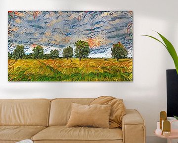 Peinture numérique d'un paysage de prairie néerlandaise avec des arbres à feuilles caduques