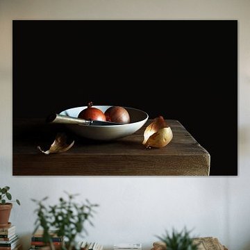 Onions with knife in white bowl
