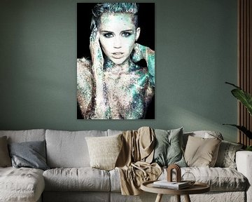 Miley Cyrus Modern Abstract Portret in Zilver Blauw van Art By Dominic