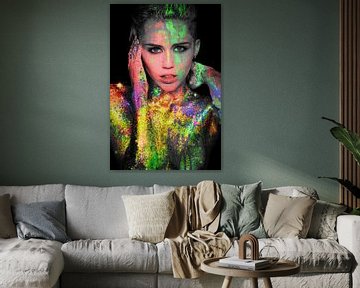Miley Cyrus Modern Abstract Portret in Neon Kleuren van Art By Dominic