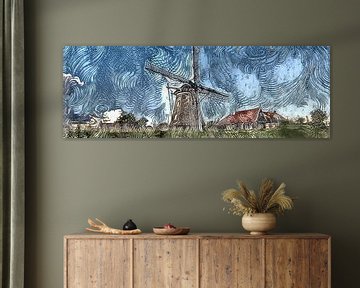Digitaal schilderij panorama op  authentieke korenmolen de Otter in Oterleek. van Photo Henk van Dijk