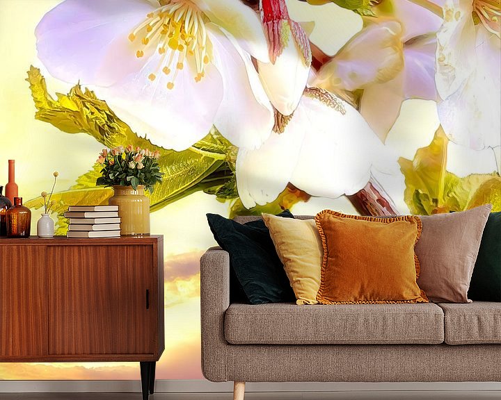 Sfeerimpressie behang: Witte bloesem aan tak van Digital Art Nederland