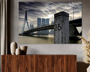skyline van Rotterdam langs de Maas met  de karakteristieke Erasmusbrug en de moderne architectuur o