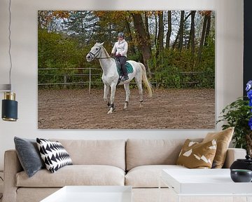 Training met het witte paard op een rijbak in de herfst