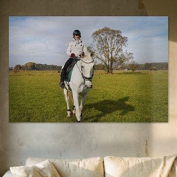 Training mit dem weißen Pferd auf einem Reitplatz im Herbst