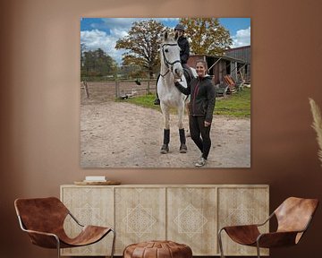 Séance photo avec une jument grise, une cavalière et une amie